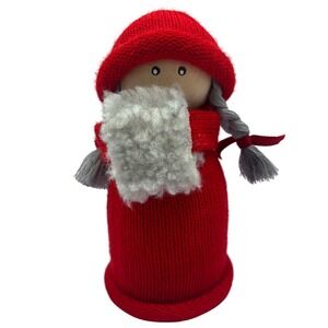 Vtg Swedish Wooden Doll Red Knit Sweater Braids Hand Painted Made in Sweden 6.5"